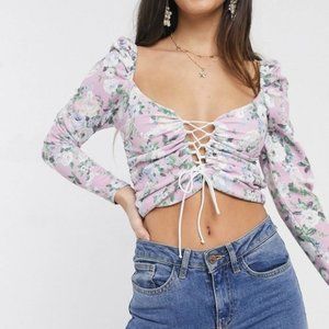 ASOS long sleeve cropped floral lace up front top size 8